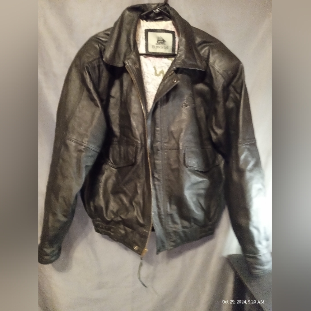 Burks Bay large black leather racing bomber jacket
